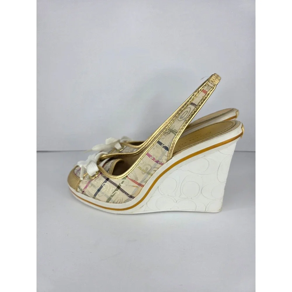 Coach Emilanna Wedge Sandals Womens 8.5B  Multi Plaid Canvas Gold Slingback